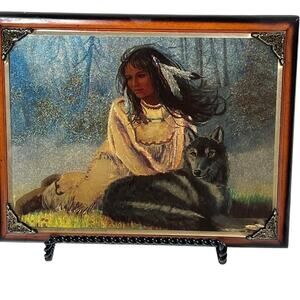 Vintage Foil Art on Wood Type Frame Indian Maiden with Wolf in Forest Iridescent